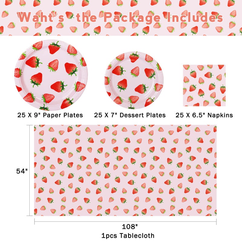 CENLBJ Strawberry Party Tableware Set Strawberry Birthday Decoration Summer Fruit Party Supplies Paper Plates Napkins Tablecloth for 25 Guests Great for Birthday Summer Fruit 1st - Image 2